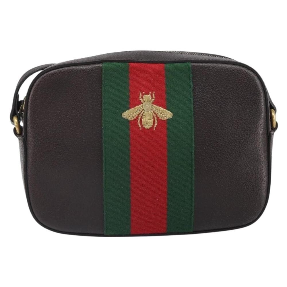 Gucci Leather Web Bee Shoulder Bag Dark Brown